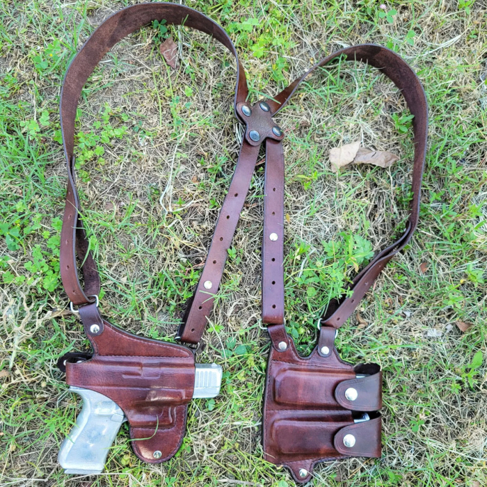 Dark Brown Leather Double Mag Horizontal Shoulder Holster
