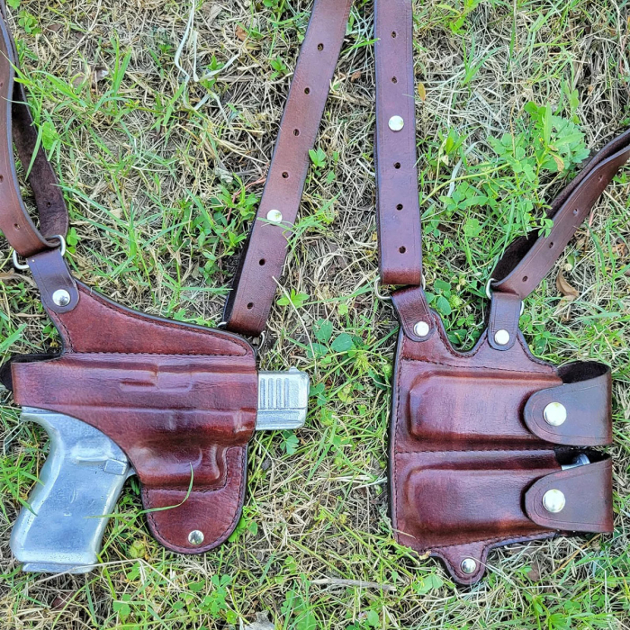 Dark Brown Leather Double Mag Horizontal Shoulder Holster