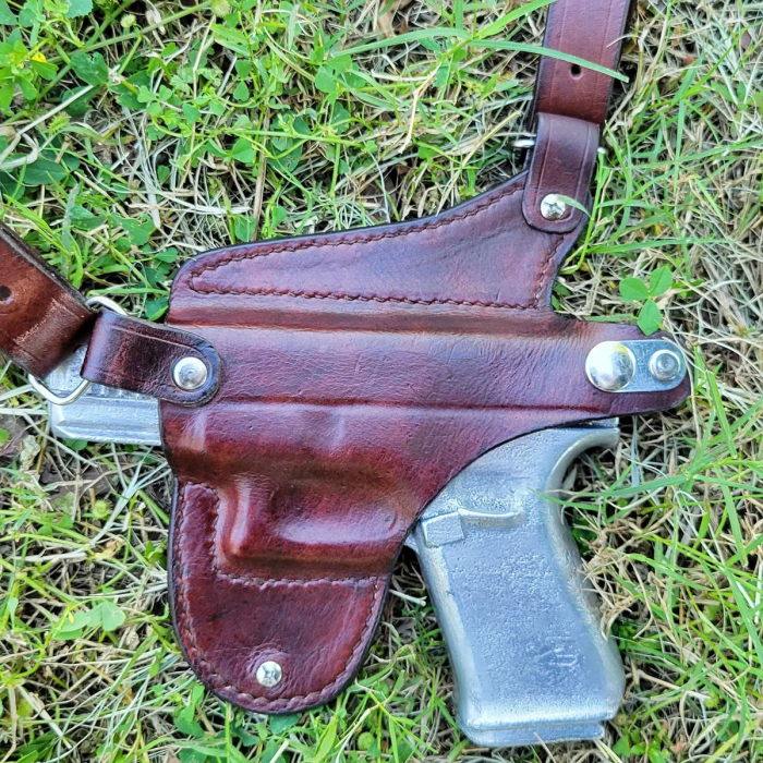 Dark Brown Leather Double Mag Horizontal Shoulder Holster