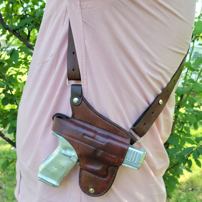 Dark Brown Leather Double Mag Horizontal Shoulder Holster