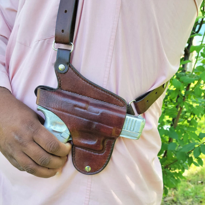 Dark Brown Leather Double Mag Horizontal Shoulder Holster