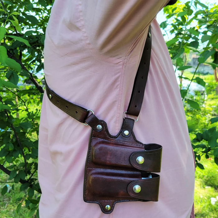 Dark Brown Leather Double Mag Horizontal Shoulder Holster