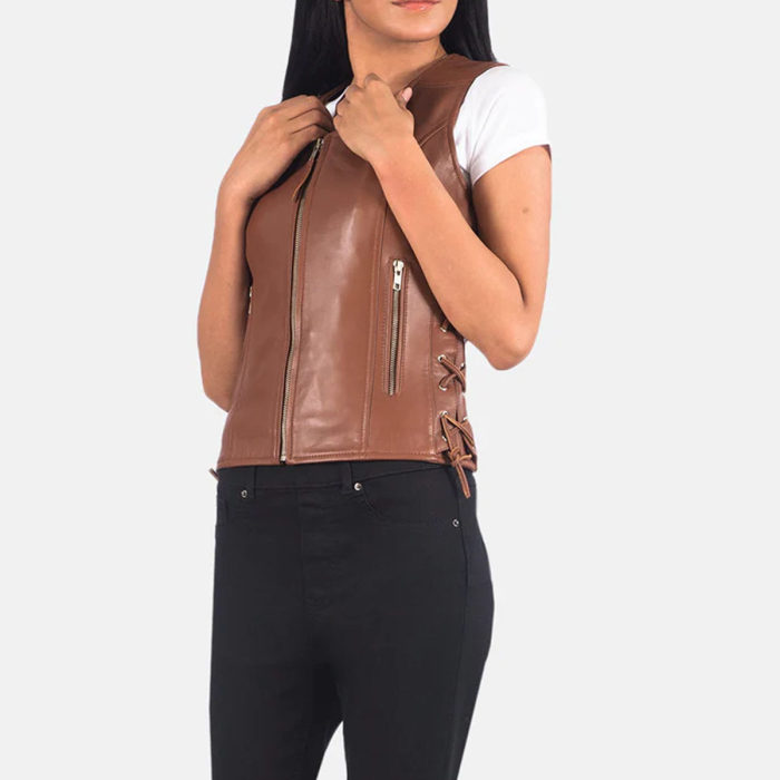 Vanda Brown Leather Biker Vest