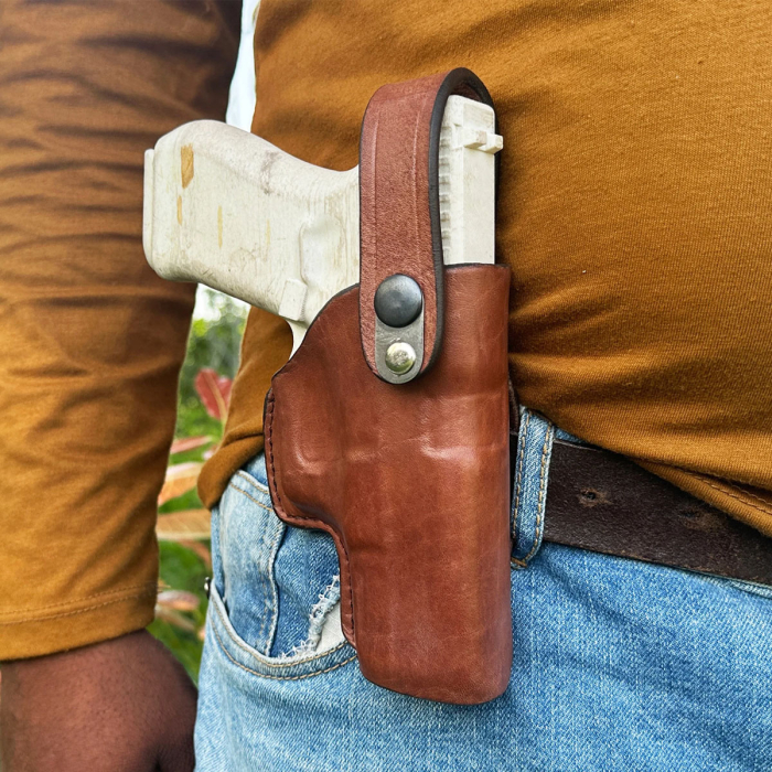Handcrafted Slim Design OWB Belt Leather Gun Holster - Custom Molded Leather Holster for Perfect Fit with Front Security Strap