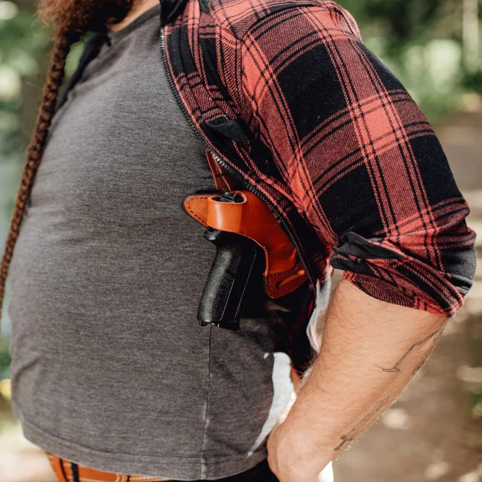 Brown Leather Horizontal Shoulder Holster w/ Steel Thumb Break