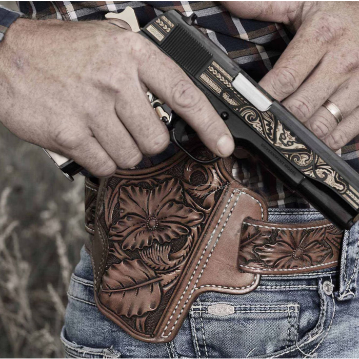 Floral Hand-Carved Leather Gun Holster – OWB Western Holster for Perfect Fit and Security with Reinforced Steel Thumb Break