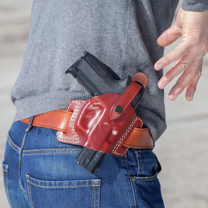 Handcrafted High-Ride OWB Leather Gun Holster - Custom Molded Brown Leather Holster for Perfect Fit and Security with Reinforced Steel Thumb Break
