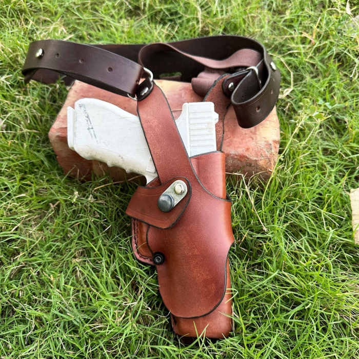 Brown Leather Vertical Shoulder Holster – Thumb-Break (Roto Mount)