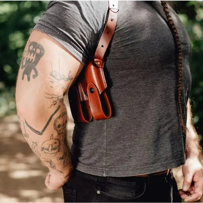 Brown Leather Vertical Roto Shoulder Holster – Double Mag Pouch (Steel Thumb Break)