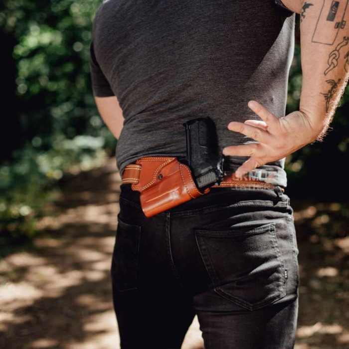 Handcrafted Small of the Back (SOB) Brown Leather Gun Holster - Custom Molded Full-Grain Leather Holster