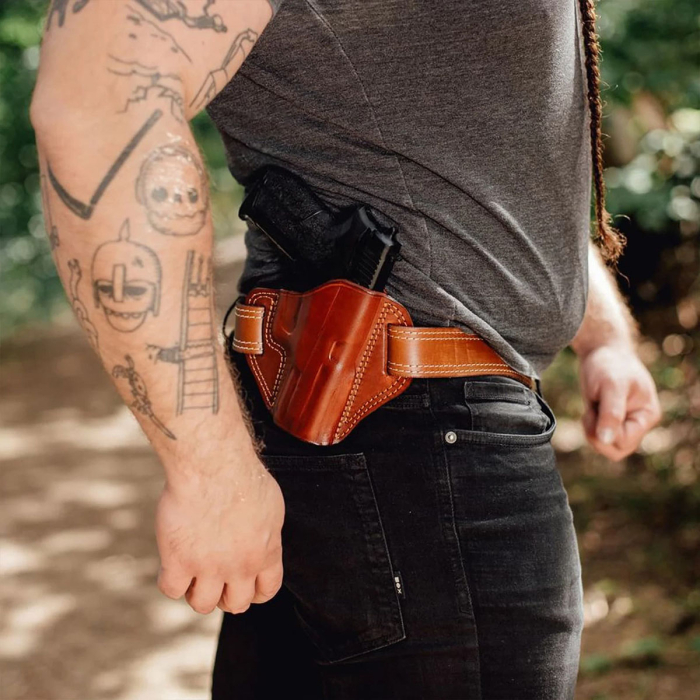 Handcrafted Open-Top OWB Brown Leather Gun Holster - Custom Molded Full-Grain Leather Holster