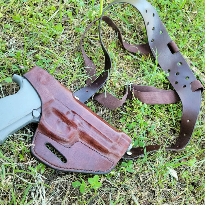 Handmade Brown Leather Horizontal Shoulder Holster – Open-Top, Convertible OWB