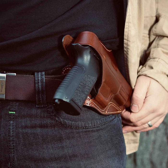 Handcrafted Cross Draw Leather Gun Holster- Custom Molded OWB Leather Holster for Perfect Fit and Security with Reinforced Steel Thumb Break