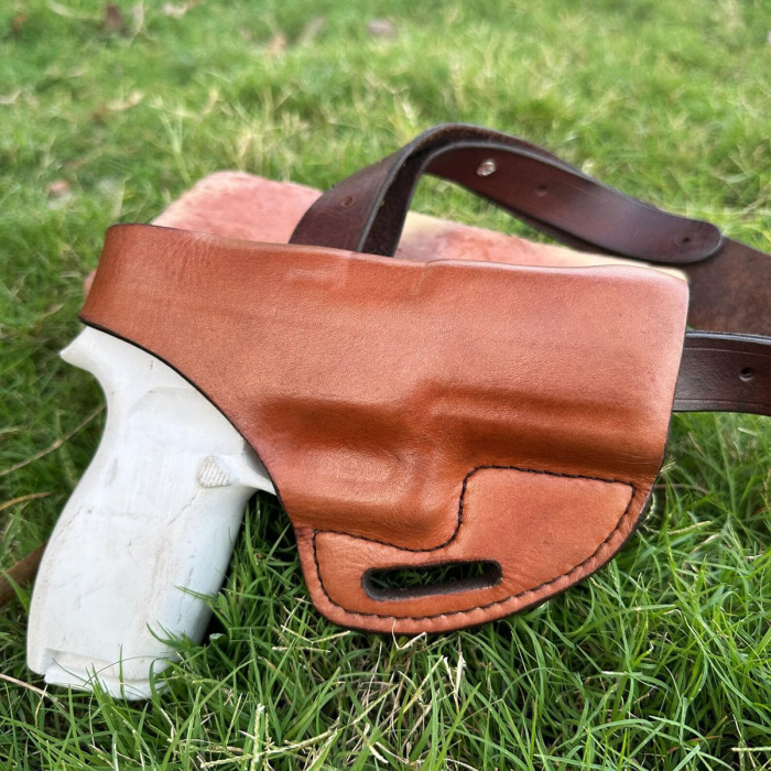 Tan Leather Horizontal Shoulder Holster System – Double Mag Pouch, Open-Top (OWB Convertible)