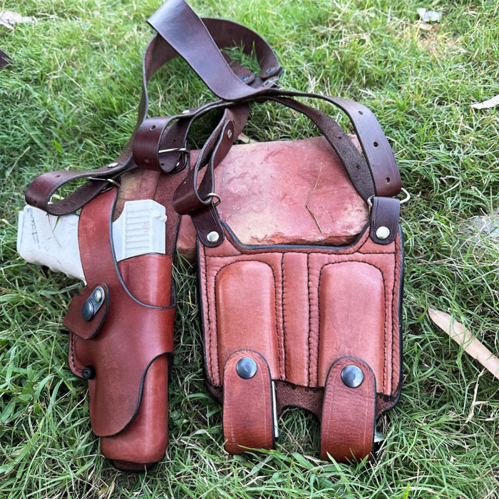 Brown Leather Vertical Shoulder Holster – Double Mag Pouch, Thumb-Break