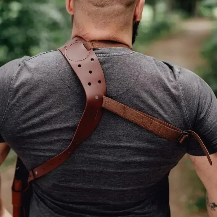 Brown Leather Vertical Roto Shoulder Holster w/ Steel Thumb Break