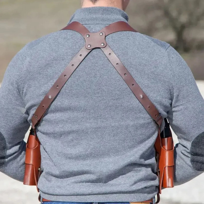 Brown Leather Vertical Roto Double Shoulder Holster (Thumb Break)
