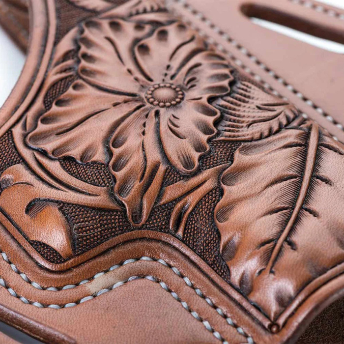 Floral Hand-Carved Leather Gun Holster – OWB Western Holster for Perfect Fit and Security with Reinforced Steel Thumb Break