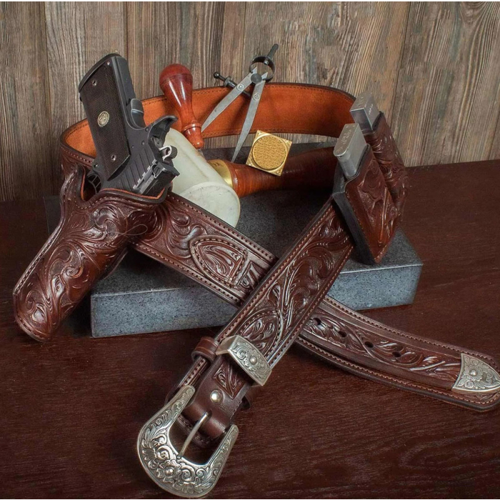 Custom Deputy Marshal Floral Hand-Carved Leather Gun Belt – Open Top OWB Western Holster with Double Carry Magazine Pouch