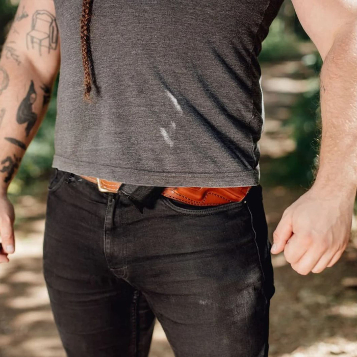 Handcrafted Cross-Draw Brwon Leather Gun Holster - Custom Molded OWB with Steel Reinforced Thumb Break for Perfect Fit & Security