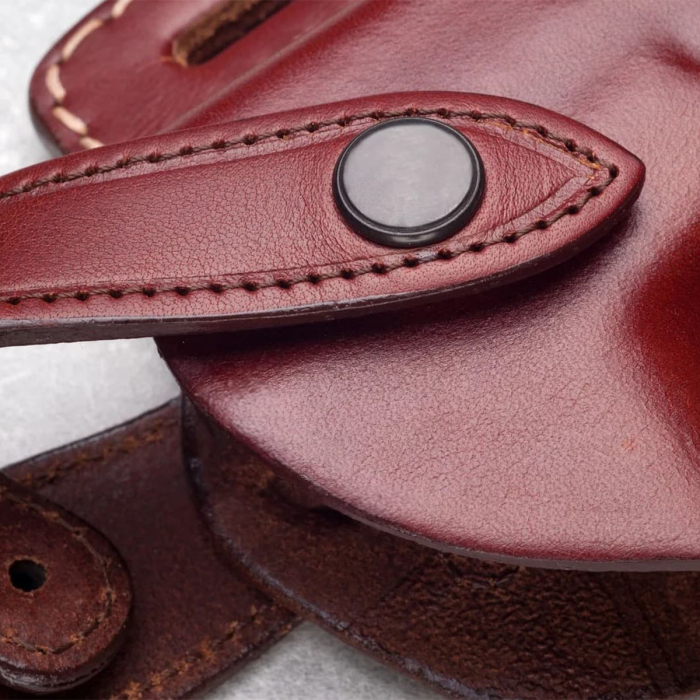 Handcrafted High-Ride OWB Leather Gun Holster - Custom Molded Brown Leather Holster for Perfect Fit and Security with Reinforced Steel Thumb Break