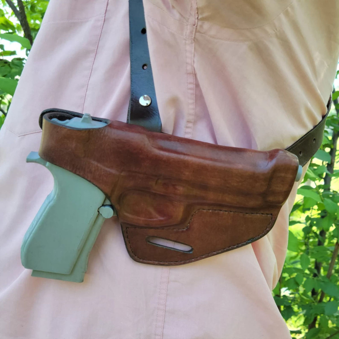 Handmade Brown Leather Horizontal Shoulder Holster – Open-Top, Convertible OWB