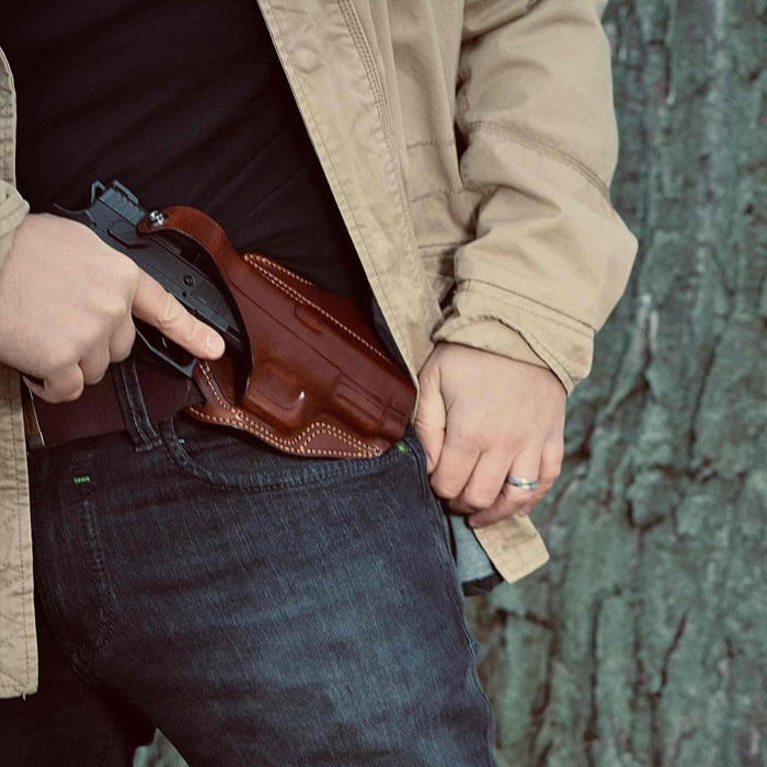 Handcrafted Cross Draw Leather Gun Holster- Custom Molded OWB Leather Holster for Perfect Fit and Security with Reinforced Steel Thumb Break