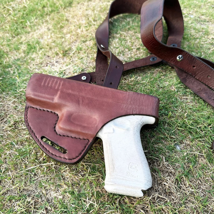 Brown Leather Horizontal Double Shoulder Holster – Open-Top, OWB Convertible