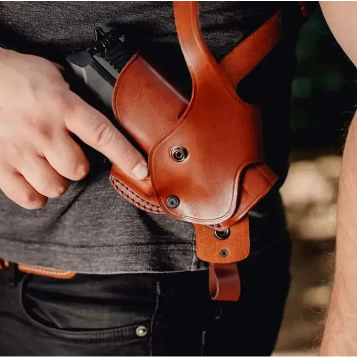 Brown Leather Vertical Roto Shoulder Holster – Double Mag Pouch (Steel Thumb Break)