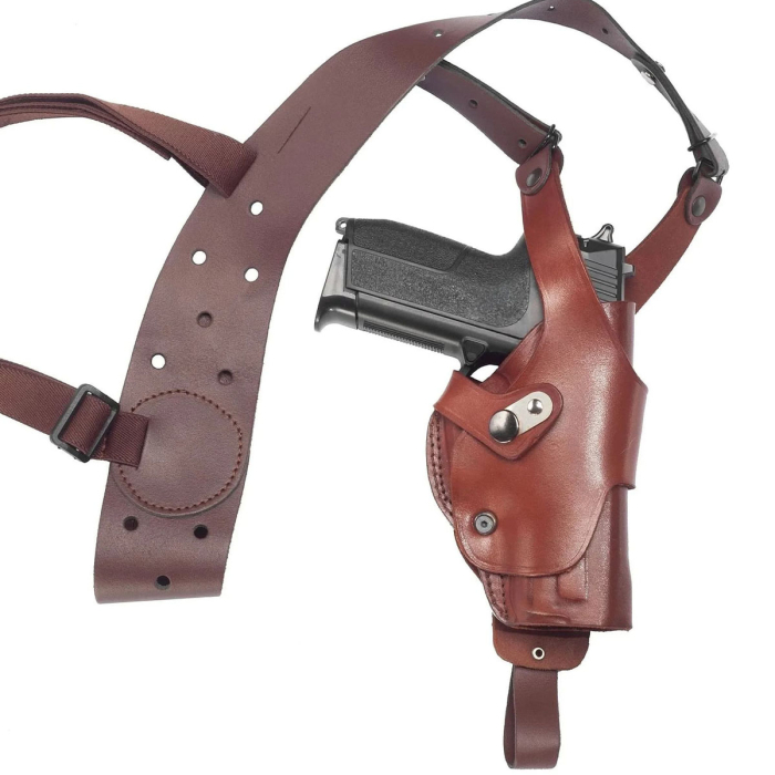 Brown Leather Vertical Roto Shoulder Holster w/ Steel Thumb Break