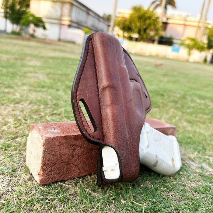 Handcrafted OWB Full-Grain Leather Gun Holster – Custom Molded for Perfect Fit & Security with Reinforced Steel Thumb Break