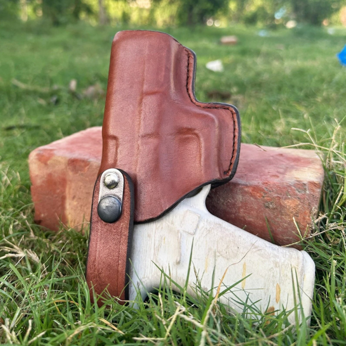 Handcrafted Slim Design OWB Belt Leather Gun Holster - Custom Molded Leather Holster for Perfect Fit with Front Security Strap