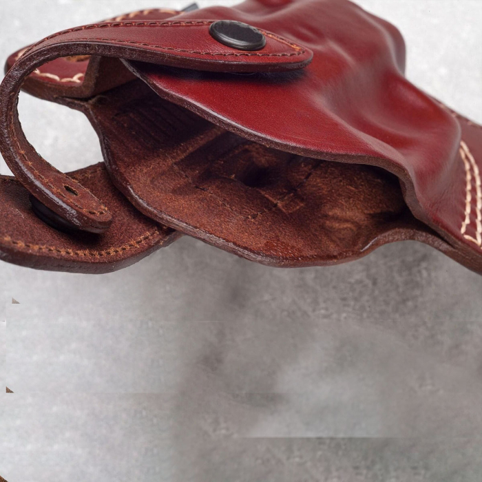 Handcrafted High-Ride OWB Leather Gun Holster - Custom Molded Brown Leather Holster for Perfect Fit and Security with Reinforced Steel Thumb Break