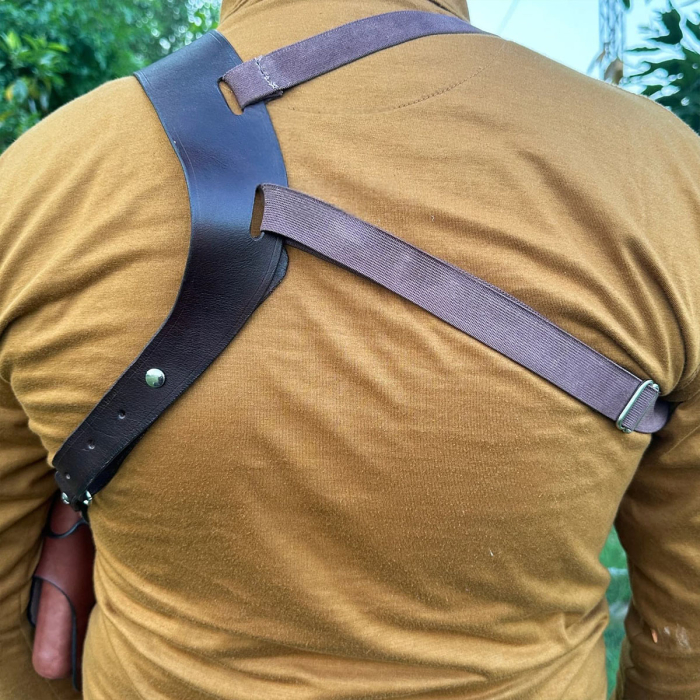 Brown Leather Vertical Shoulder Holster – Thumb-Break (Roto Mount)