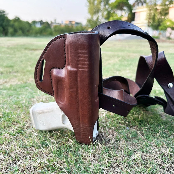 Brown Leather Horizontal Double Shoulder Holster – Open-Top, OWB Convertible