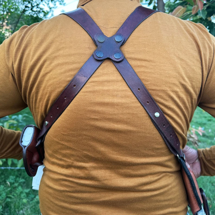 Tan Leather Horizontal Shoulder Holster System – Double Mag Pouch, Open-Top (OWB Convertible)
