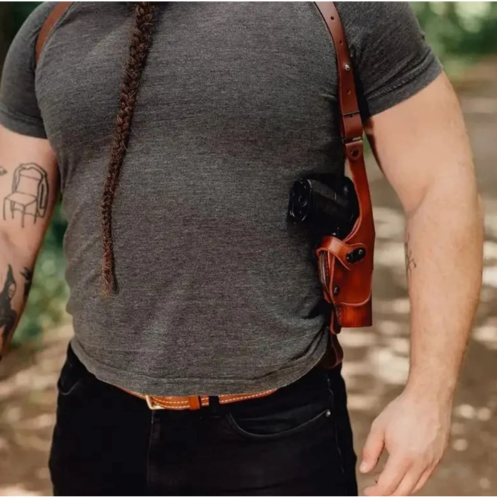 Brown Leather Vertical Roto Shoulder Holster – Double Mag Pouch (Steel Thumb Break)