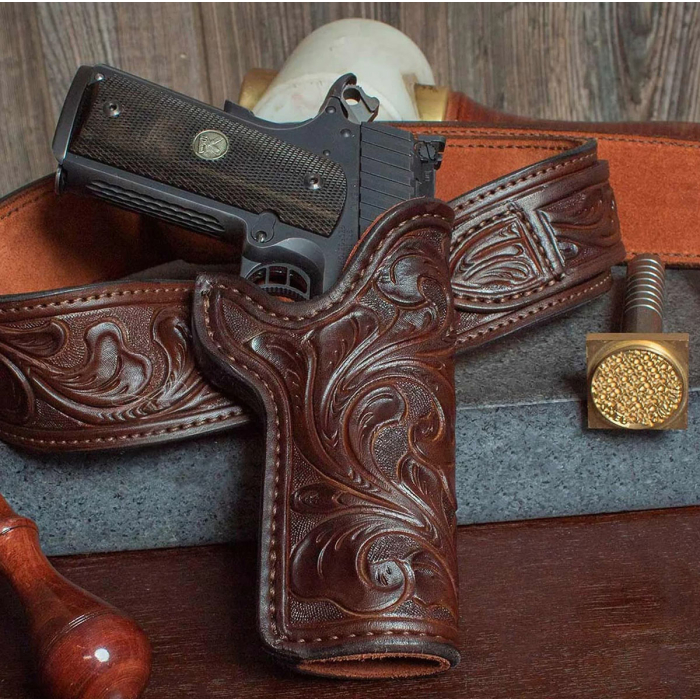 Custom Deputy Marshal Floral Hand-Carved Leather Gun Belt – Open Top OWB Western Holster with Double Carry Magazine Pouch