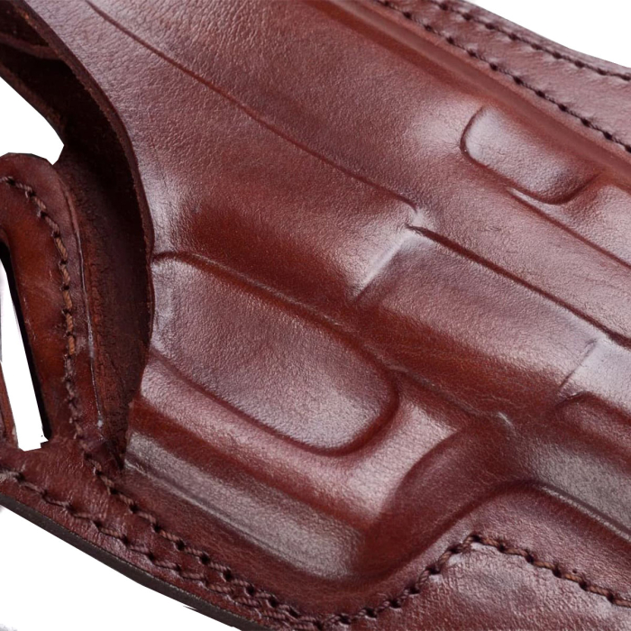 Handcrafted Cross-Draw Brwon Leather Gun Holster - Custom Molded OWB with Steel Reinforced Thumb Break for Perfect Fit & Security