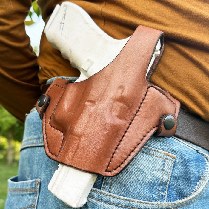OWB Leather Gun Holster – Custom-Molded Design with Reinforced Steel Thumb Break for Enhanced Security