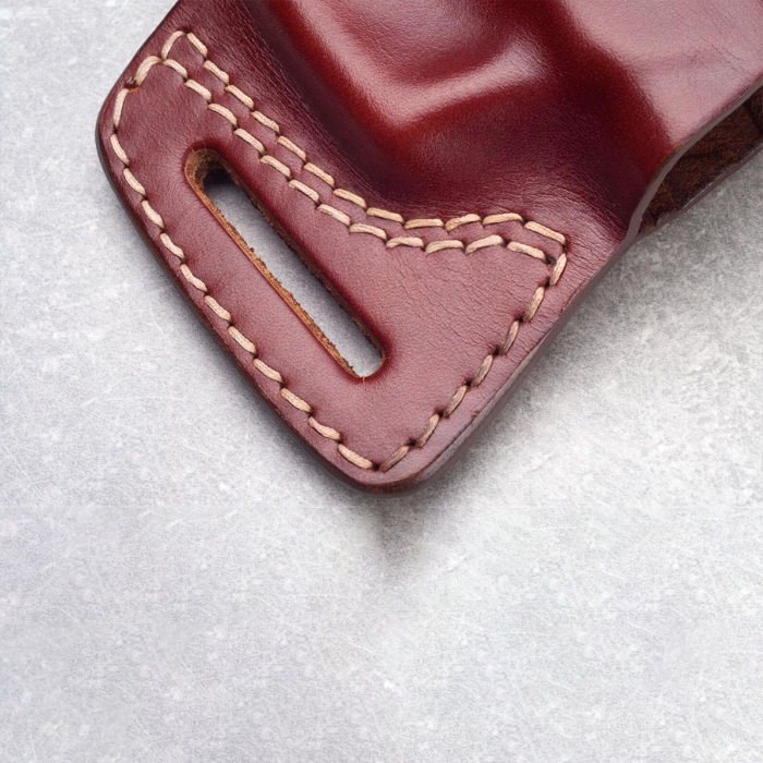 Handcrafted High-Ride OWB Leather Gun Holster - Custom Molded Brown Leather Holster for Perfect Fit and Security with Reinforced Steel Thumb Break