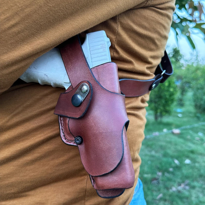 Brown Leather Vertical Shoulder Holster – Double Mag Pouch, Thumb-Break