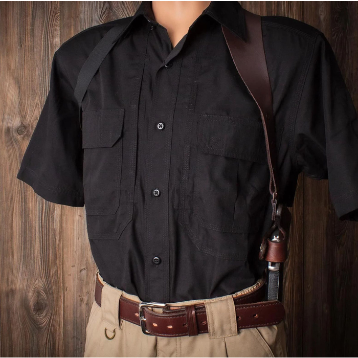 Brown Leather Horizontal Shoulder Holster – Thumb Break, Custom-Molded