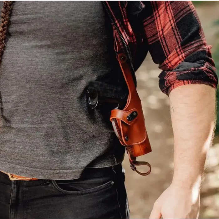 Brown Leather Vertical Roto Shoulder Holster – Double Mag Pouch (Steel Thumb Break)