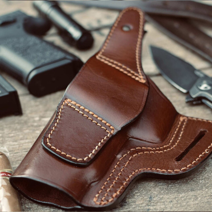 Handcrafted Slim-Design OWB Leather Gun Holster with Belt Loops – Custom Molded for Perfect Fit and Front Security Strap