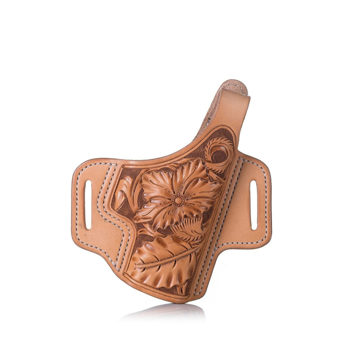 Floral Hand-Carved Leather Gun Holster – OWB Western Holster for Perfect Fit and Security with Reinforced Steel Thumb Break