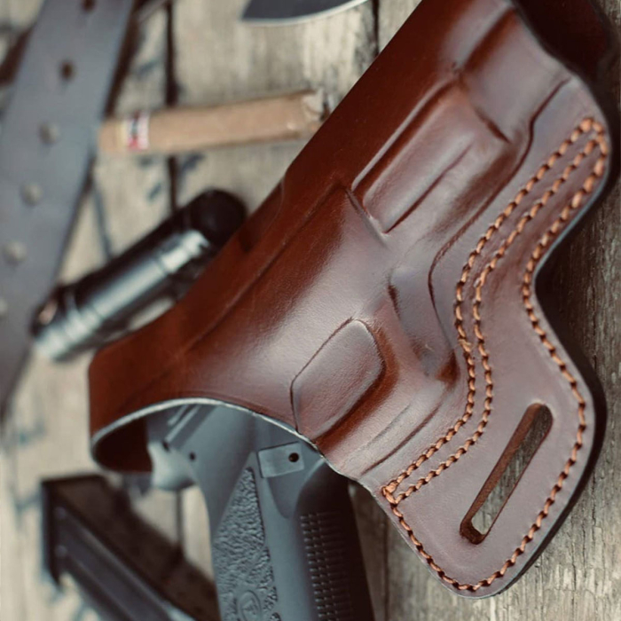 Handcrafted Slim-Design OWB Leather Gun Holster with Belt Loops – Custom Molded for Perfect Fit and Front Security Strap