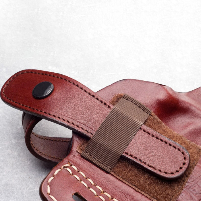 Handcrafted High-Ride OWB Leather Gun Holster - Custom Molded Brown Leather Holster for Perfect Fit and Security with Reinforced Steel Thumb Break