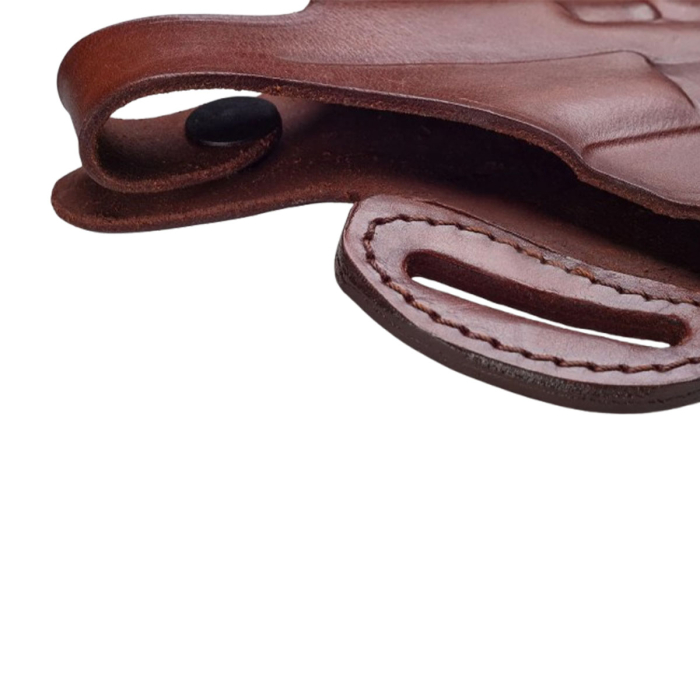 Handcrafted Cross-Draw Brwon Leather Gun Holster - Custom Molded OWB with Steel Reinforced Thumb Break for Perfect Fit & Security