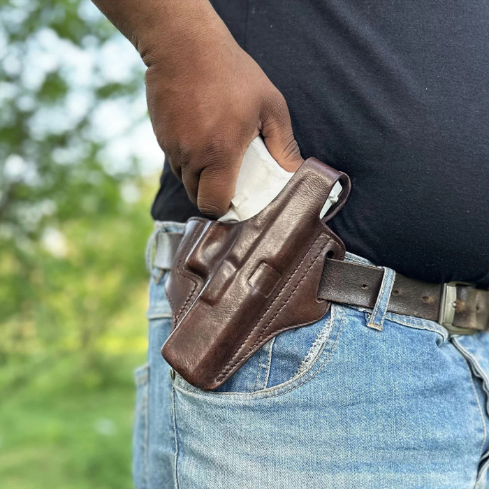 Handcrafted OWB Leather Gun Holster – Custom Molded Full-Grain Leather with Reinforced Steel Thumb Break for Perfect Fit & Security